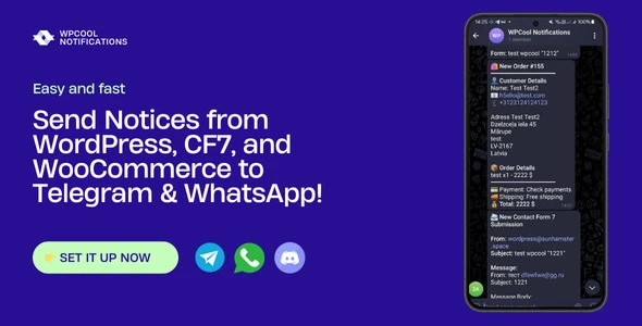 WPCool – Notifications from CF7, WooCommerce to WhatsApp, Telegram, Discord